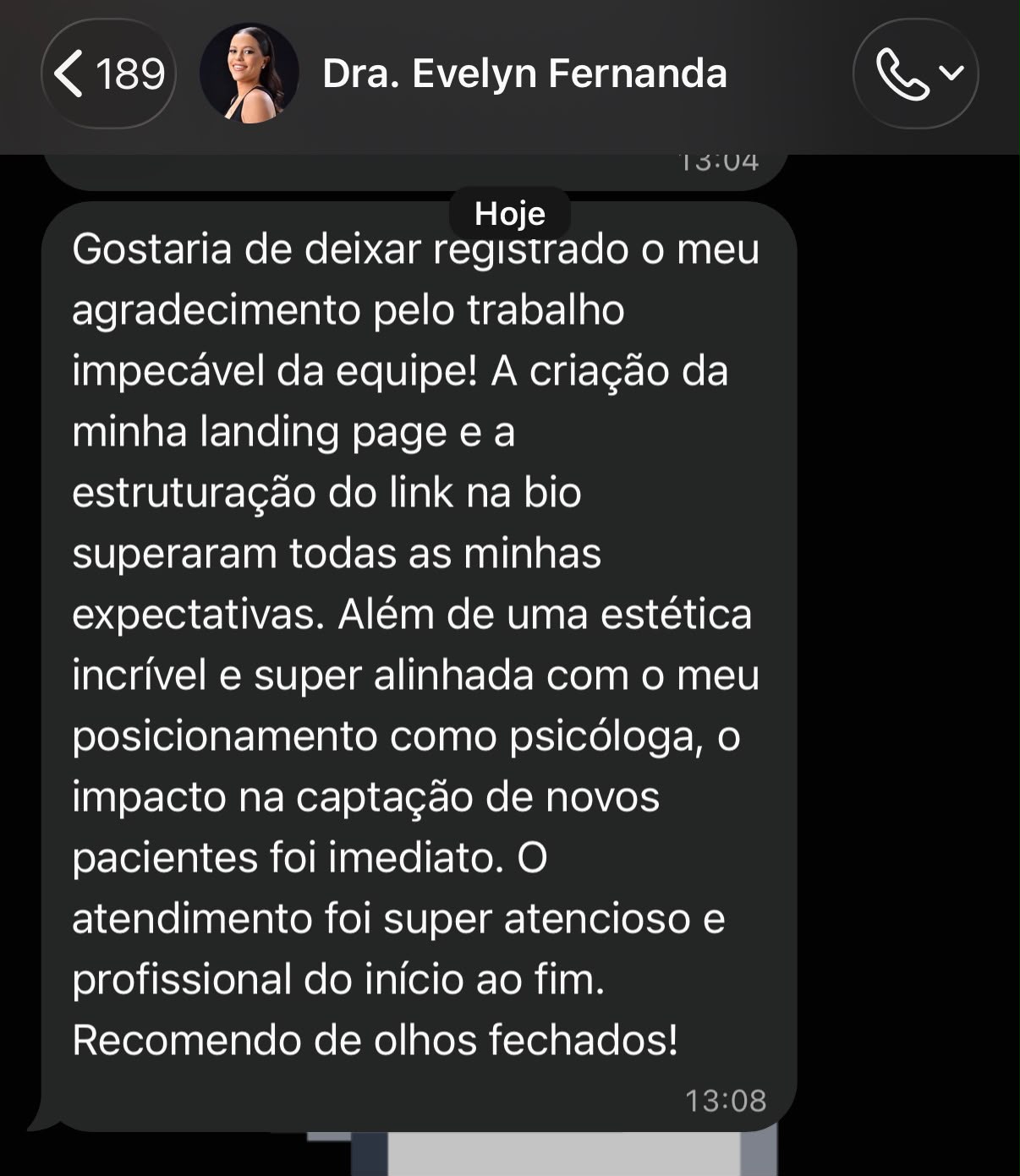 Print de depoimento da Dra. Evelyn Fernanda